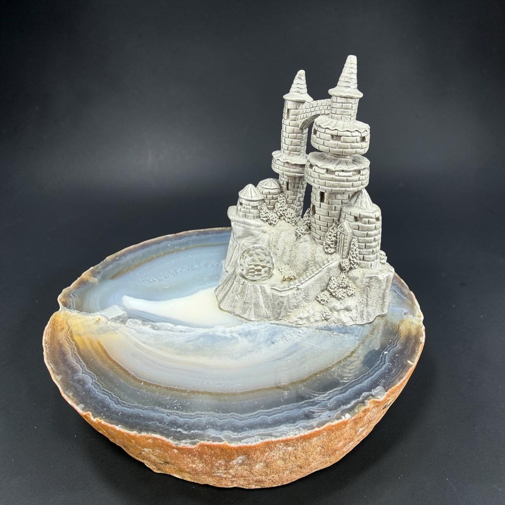 Vintage Pewter Fantasy Castle Figurine Polished Agate Geode Base 3in Tall